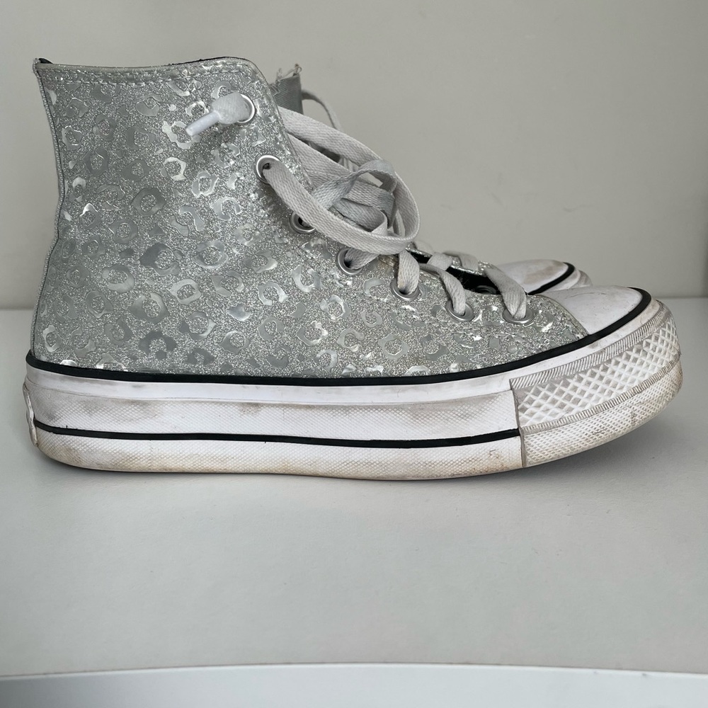 W7 Silver Glitter Cheetah Print Platform Converse